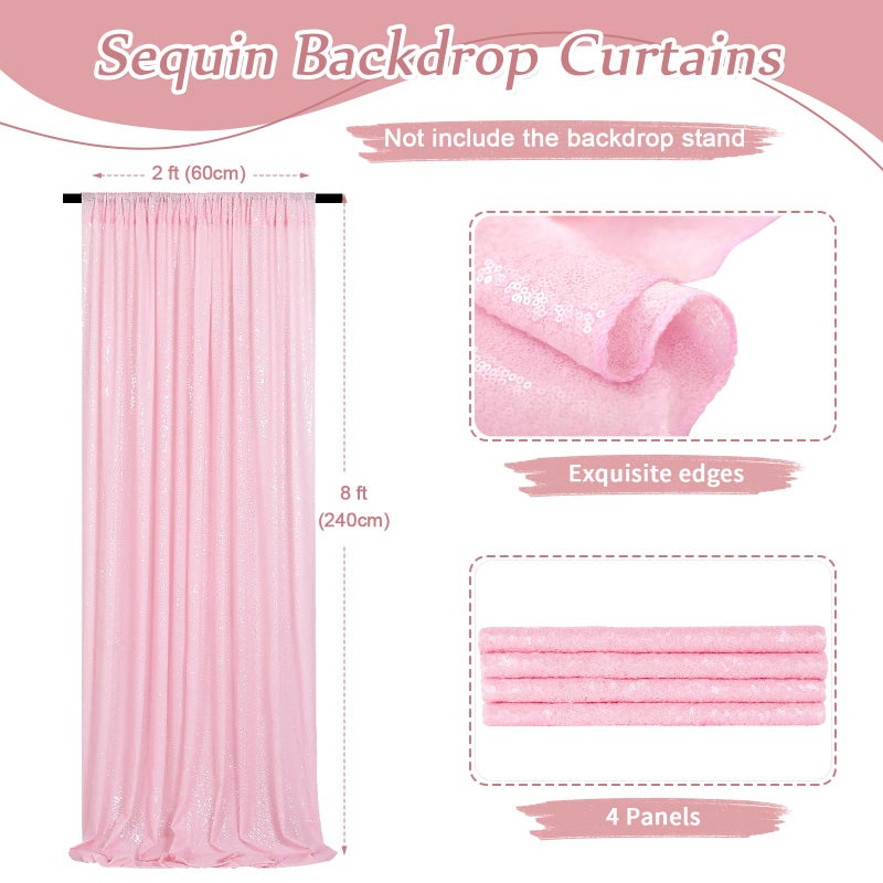 SoarDream Pink Sequin Backdrop Curtains-4 Panels 2FTx8FT Pink Backdrop for Valentines Day, Glitter Party Decorations Background Drapes for Wedding Birthday Anniversary Graduation Photo Booth Decor - Image 3